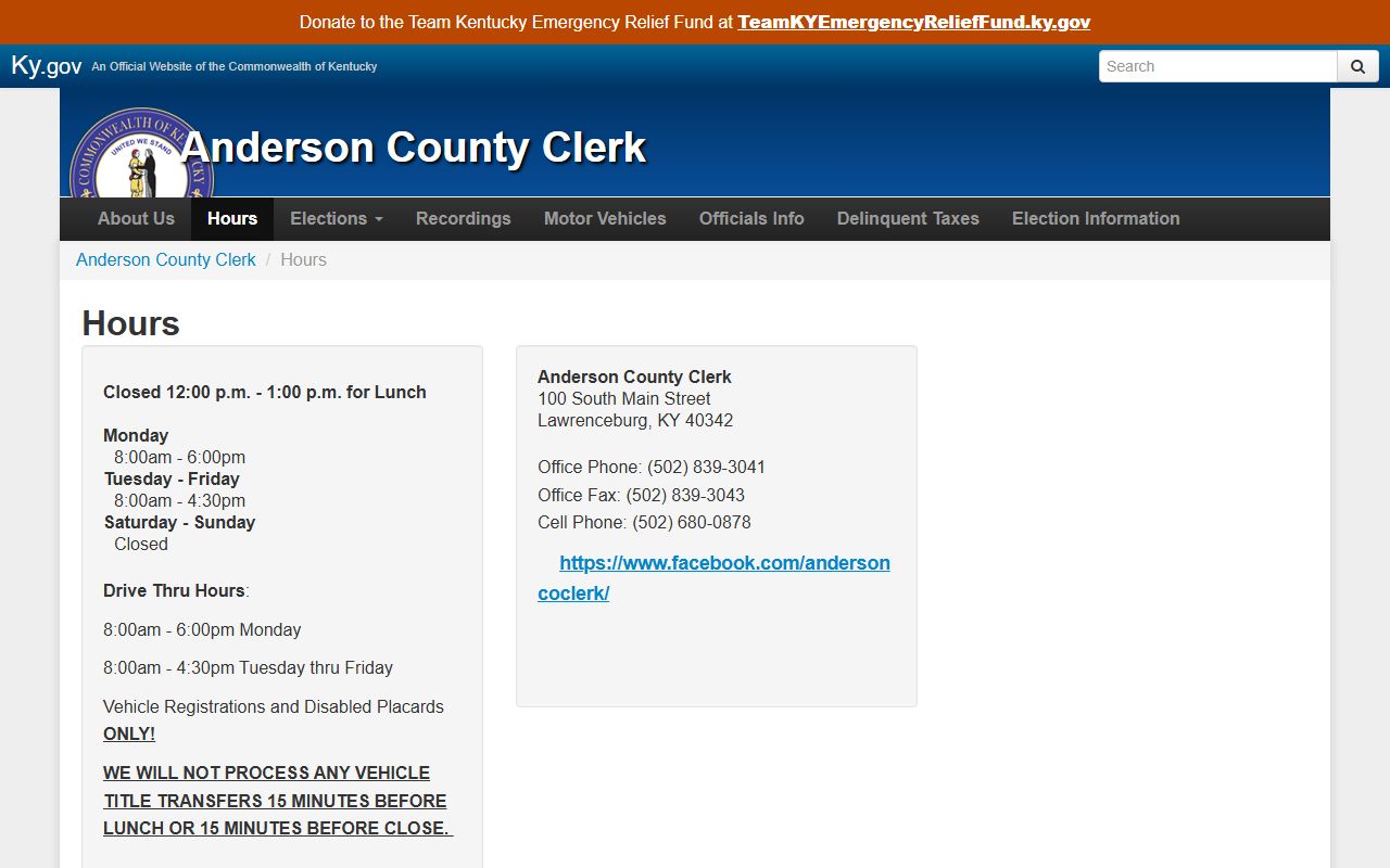 Anderson County Circuit Court Clerk records County Clerk hours and drive thru limits
