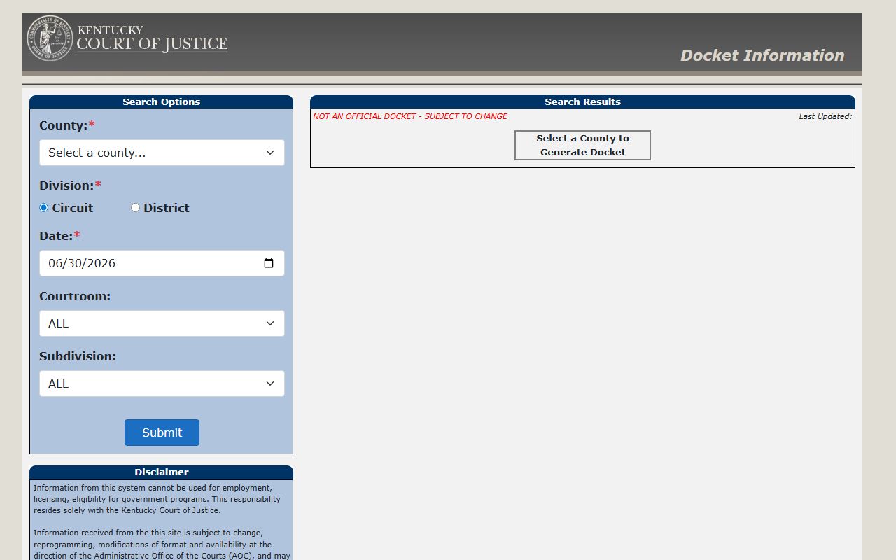 Anderson County court dockets Kentucky trial court docket search