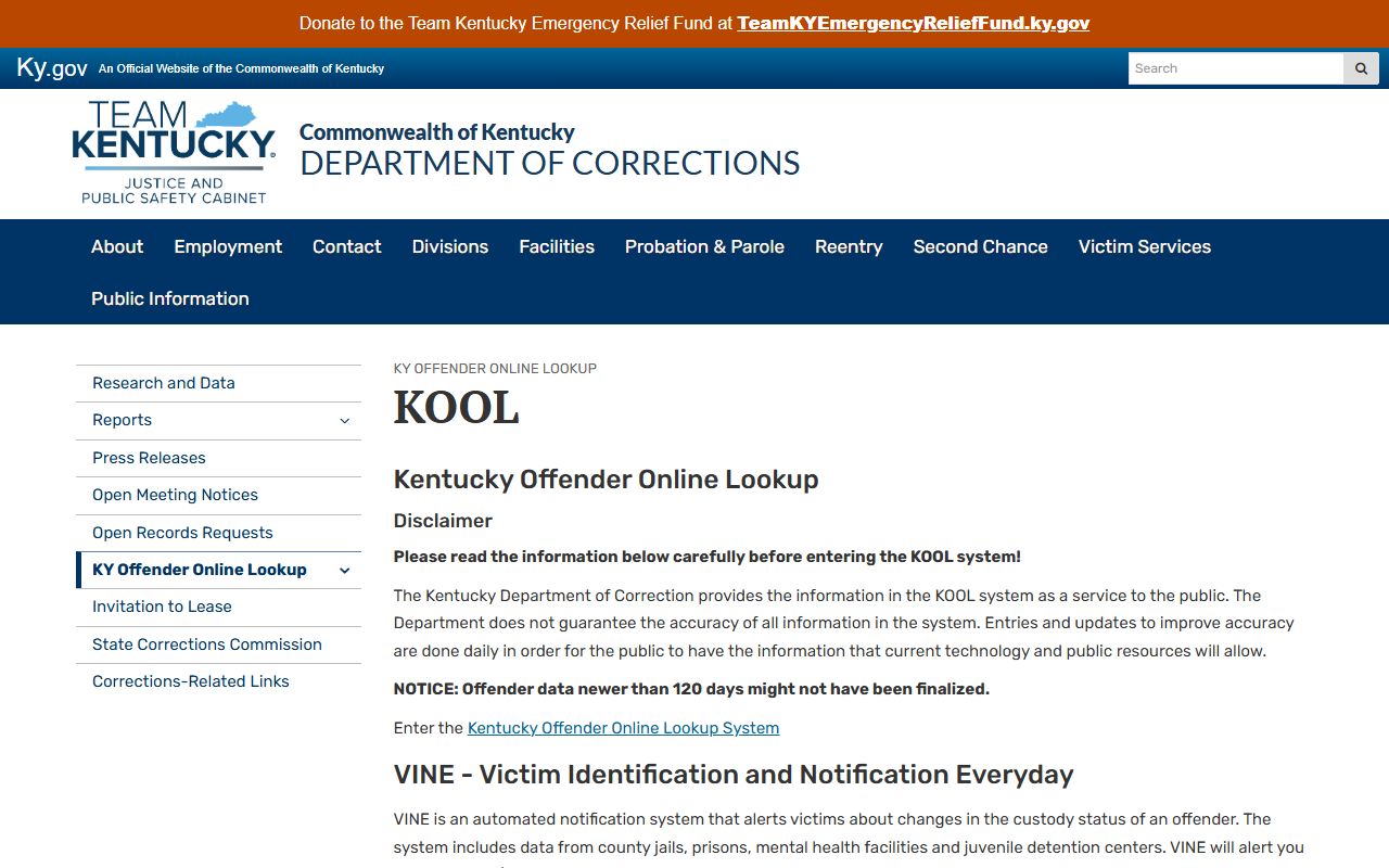Anderson County inmate records Kentucky DOC KOOL and VINE information