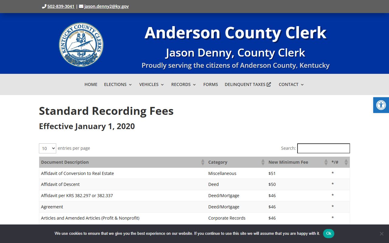 Anderson County probate records County Clerk recording fee schedule
