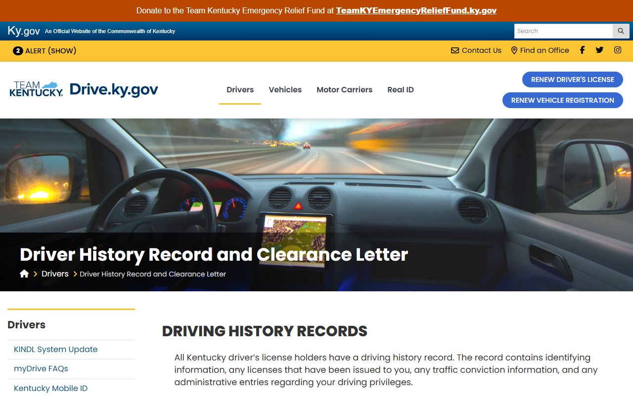 Anderson County traffic court records Kentucky Transportation Cabinet driver history page