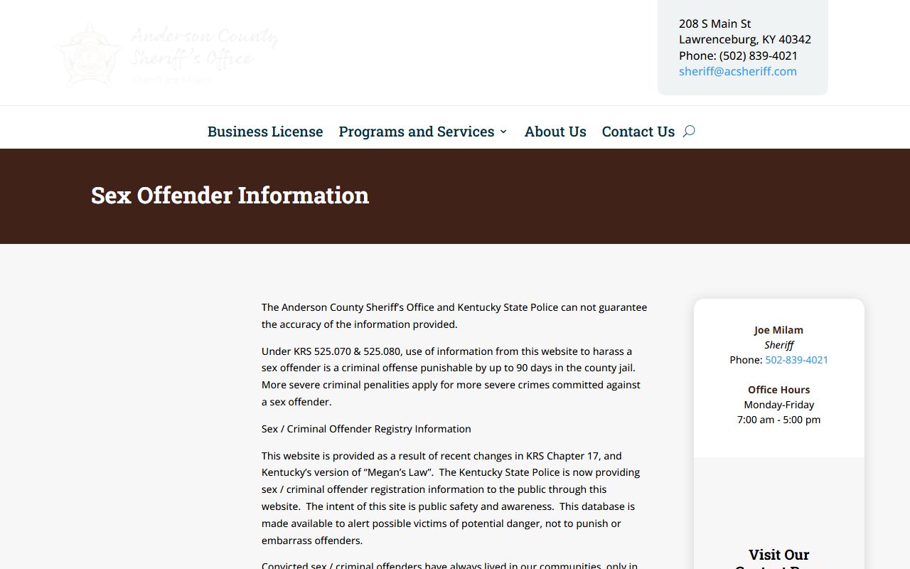 Anderson County warrant records sheriff sex offender information page